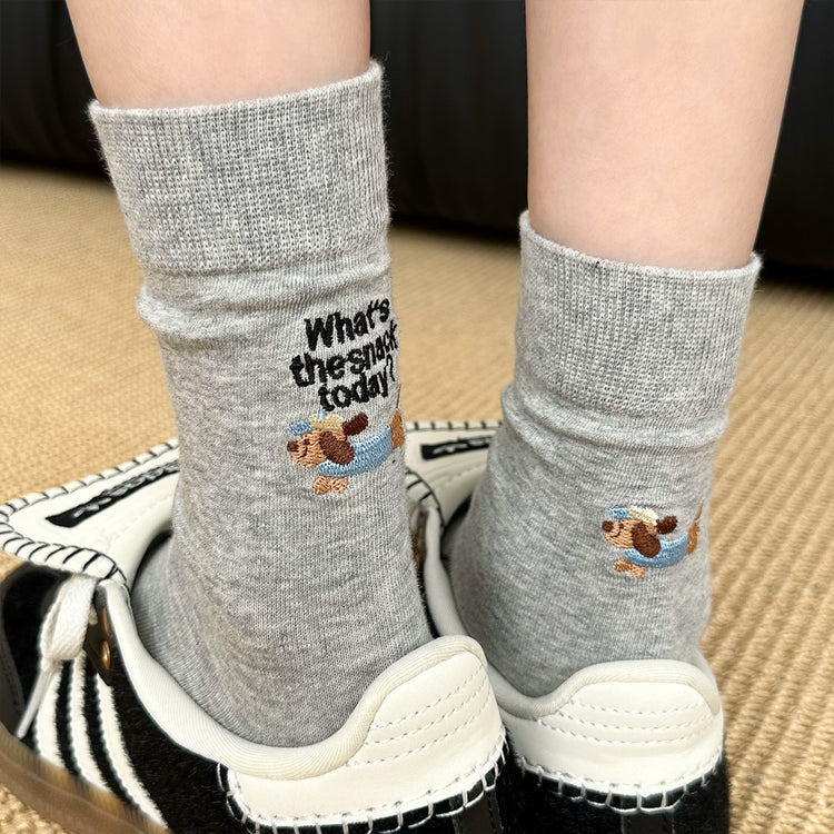 女襪|灰色堆堆襪子女加寬羅口親膚舒適中筒襪後跟卡通刺繡ins潮運動襪「YY25013」25.06-4
