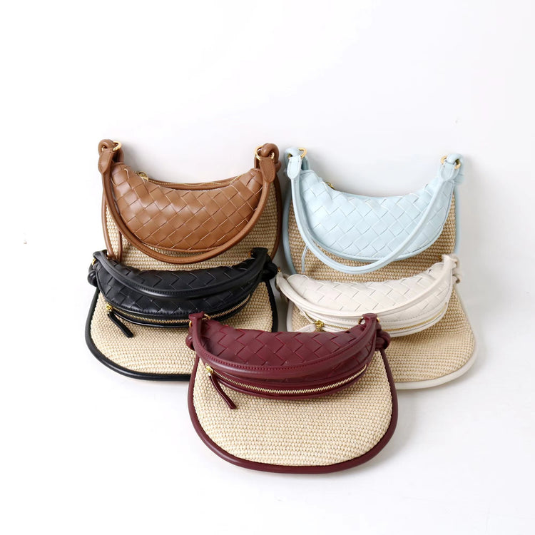 質感真皮|2025新款拉菲草編拼牛皮雙子包拼色月亮包度假單肩腋下包時尚編織包「9781-1」25.07-1