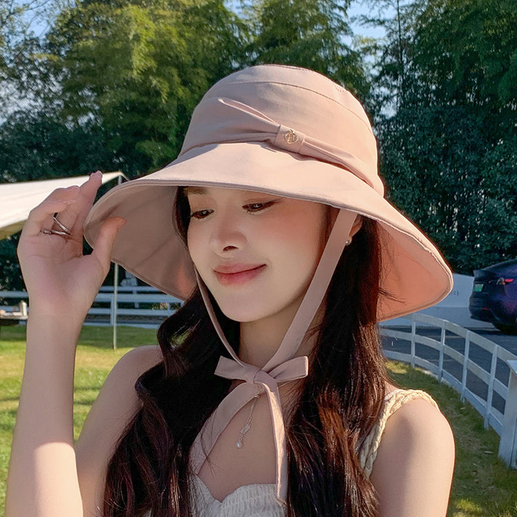 流行帽子|新款漁夫帽子女綁帶蝴蝶結顯臉小防曬遮陽帽夏季大帽檐百搭太陽帽「C5147」25.04-1