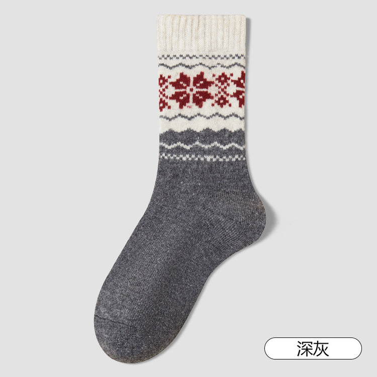 女襪|費爾島復古提花羊毛襪子女秋冬加厚保暖堆堆襪日系百搭彈力中筒襪「LM9216」25.11-4