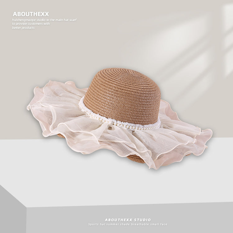 流行帽子|夏天帽子女蕾絲花邊草帽大帽檐遮陽帽防曬太陽帽出遊沙灘帽子女夏「C5277」25.05-3