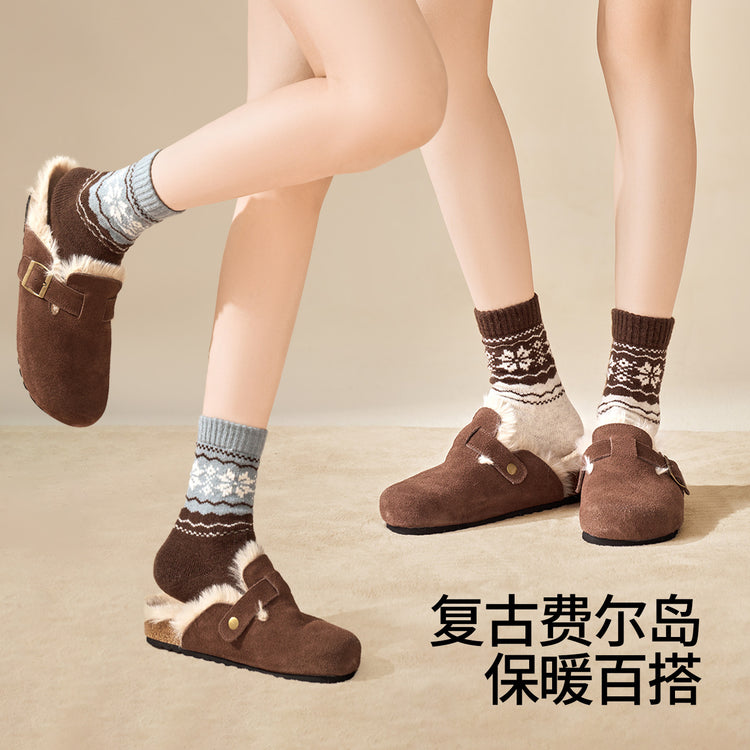 女襪|費爾島復古提花羊毛襪子女秋冬加厚保暖堆堆襪日系百搭彈力中筒襪「LM9216」25.11-4