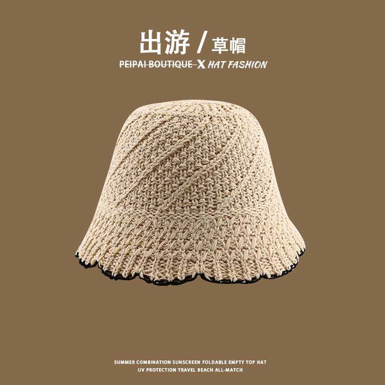 流行帽子|草帽編織女可折疊沙灘帽夏季鏤空透氣水桶帽甜美海邊遮陽帽子批發「C3748」24.03-4