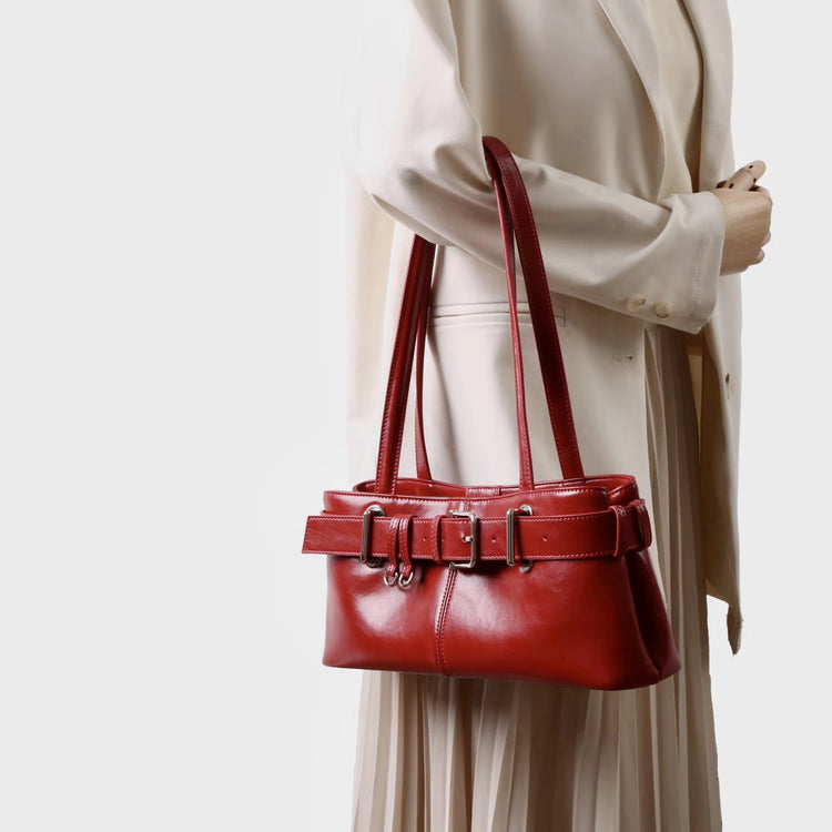 質感真皮|2025新款百搭女輕奢法式高級感機車包法棍包保齡球女單肩腋下包「6147」25.06-4