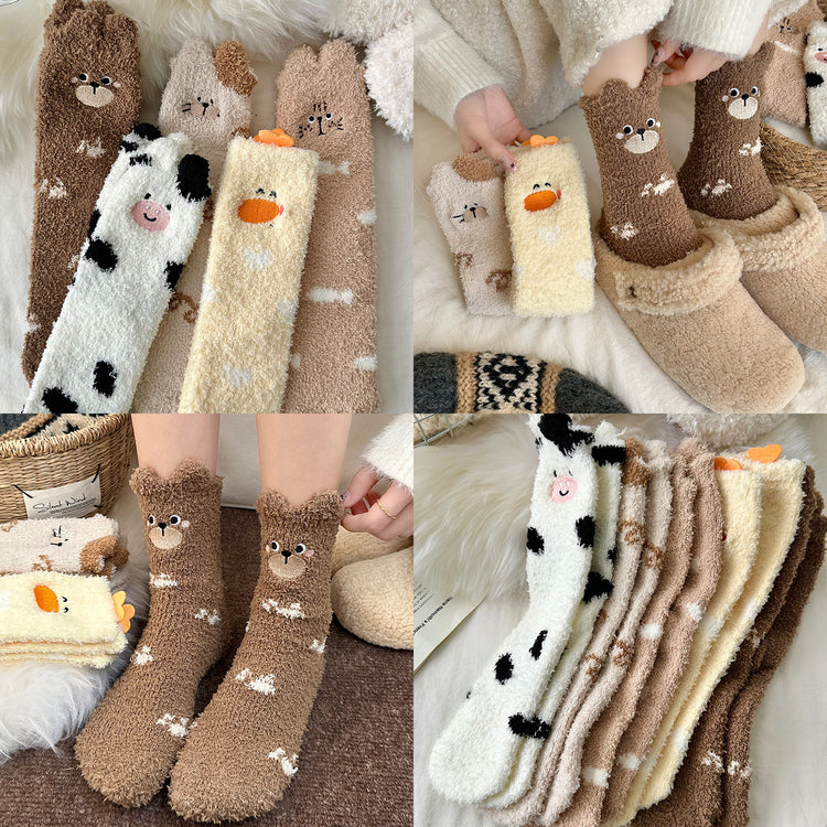 女襪|冬季襪子女軟糯舒適居家保暖地板襪立體卡通圖案加絨加厚睡眠襪「QZ2578」25.11-2