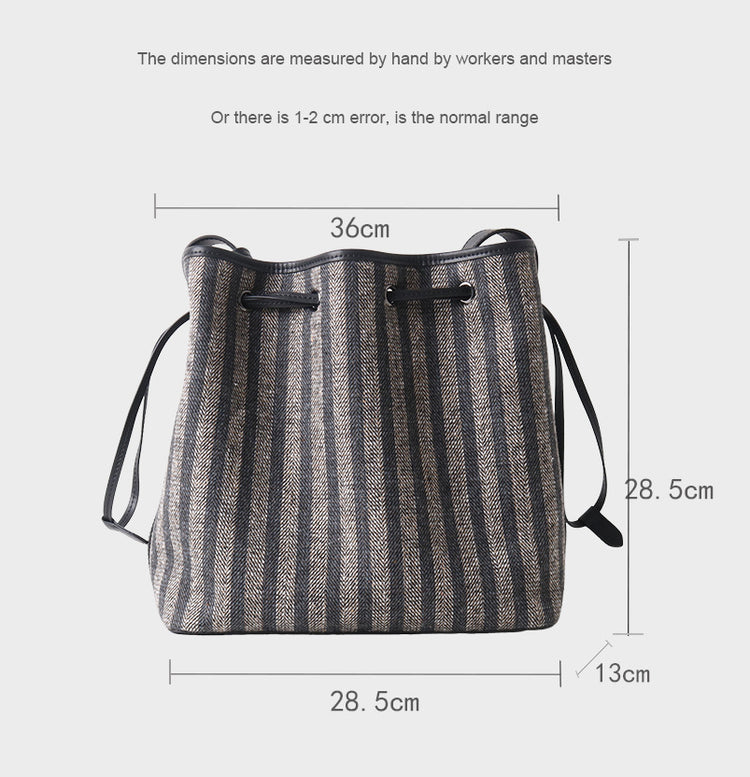 質感真皮|2025新款羊毛呢配真皮大容量條紋托特包女士通勤水桶包大包「7034」25.06-4