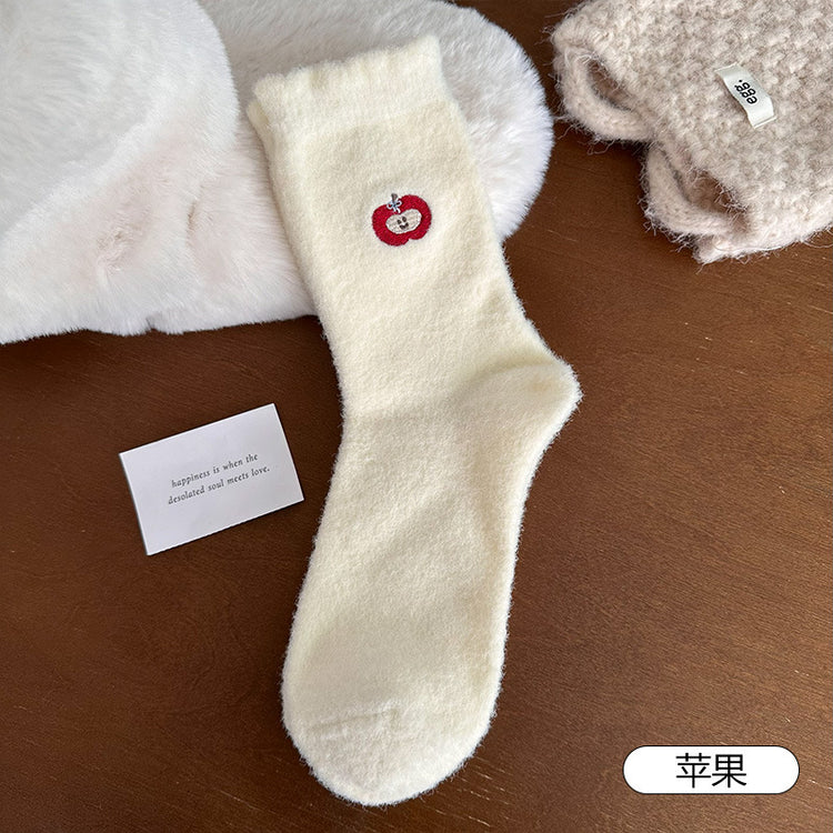 女襪|白色澳絨襪子女秋冬季加絨加厚保暖中筒襪可愛卡通刺繡諸暨襪子「H5785」25.11-3