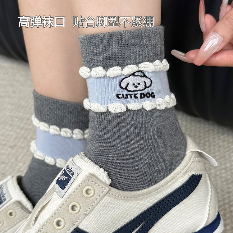 女襪|卡通圖案襪子女棉質吸汗透氣親膚舒適中筒襪雙針耐磨花邊諸暨襪子「YR1206」25.08-4