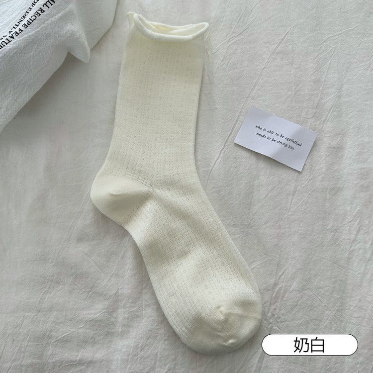 女襪|灰色襪子女夏季薄款網眼透氣中筒襪miu系配瑪麗珍彈力無骨堆堆襪「YJ24126」25.04-4