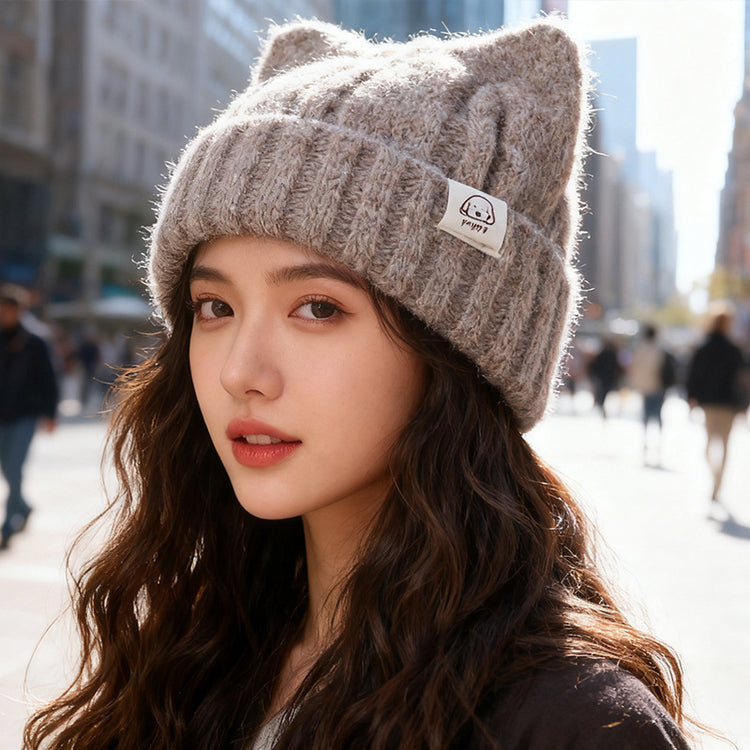 流行帽子|韓版貓耳朵毛線帽子女冬2025新款保暖護耳針織帽顯臉小可愛套頭帽「C5620」25.09-4