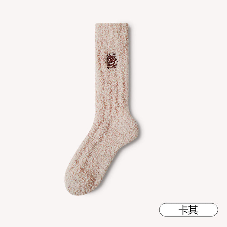 女襪|白色刺繡襪子女秋冬蓄熱鎖溫加絨加厚睡眠襪彈力軟糯親膚珊瑚絨襪「AD2388」24.12-1