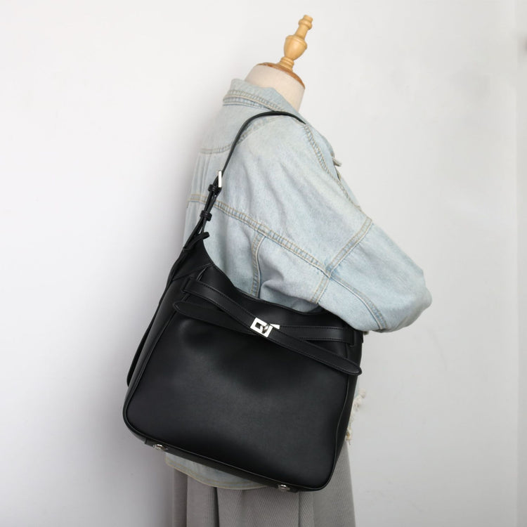 質感真皮|2024新款牛皮鎖扣托特包復古真皮水桶包大容量通勤單肩斜背包「5138#」24.08-1