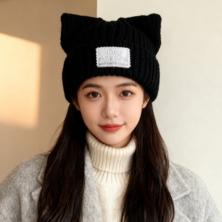 流行帽子|新款蕾絲貼布貓耳針織帽子女秋冬保暖毛線帽時尚百搭顯臉小包頭帽「C5801」25.11-2