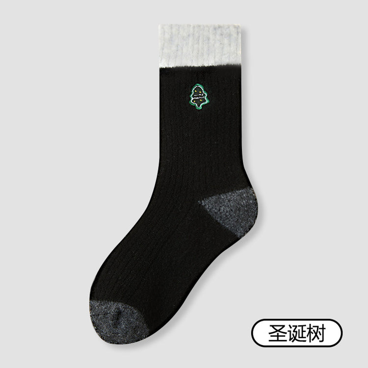 女襪|撞色美利奴羊毛襪子女冬季加厚保暖聖誕襪可愛復古刺繡彈力中筒襪「AM25108」25.12-2