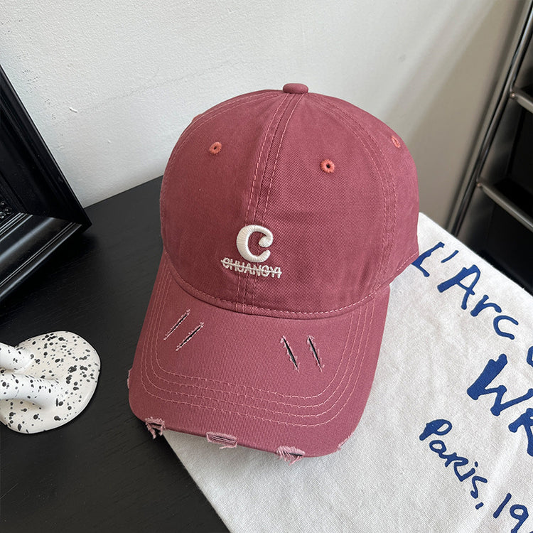 流行帽子|字母破洞棒球帽子女春夏新款復古百搭遮陽帽顯臉小軟頂鴨舌帽子男「C4884」24.12-5