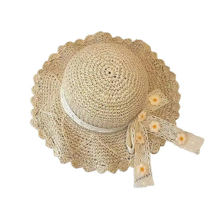 流行帽子|日系小清新帽子女花朵蕾絲蝴蝶結大檐草帽海邊度假新款遮陽防曬帽「C5325」25.06-3