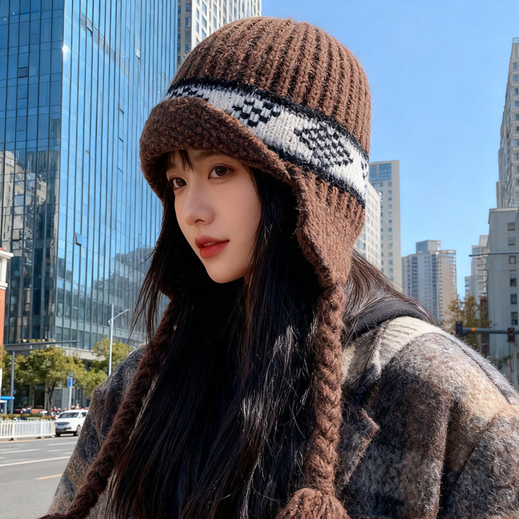 流行帽子|費爾島風毛線帽子女冬季加厚保暖針織帽護耳防寒顯臉小飛行「C5739」25.10-4