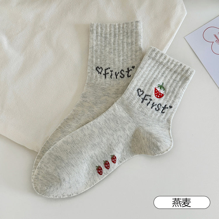 女襪|襪子女士ins潮流刺繡水果短襪棉質吸汗透氣學院風無骨運動襪「XC2325」25.08-2