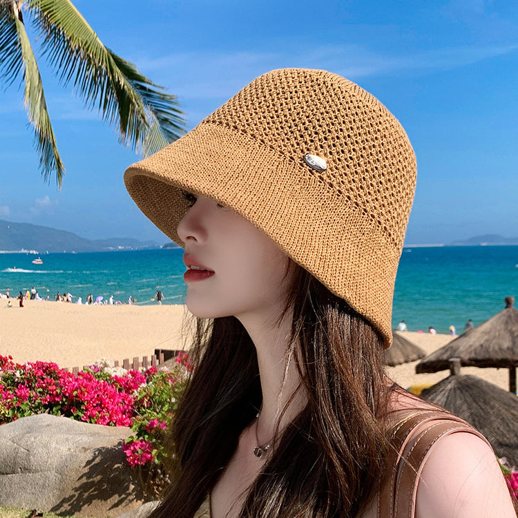 流行帽子|鏤空針織草帽女夏季時尚透氣顯臉小遮陽帽沙灘海邊素顏百搭水桶帽「C5039」25.03-1