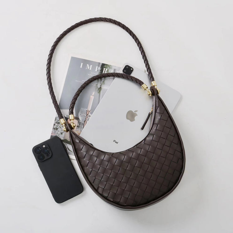 質感真皮|編織半月包Hobo腋下包2025新款百搭單肩大容量女包斜挎手提包「6032」25.02-2