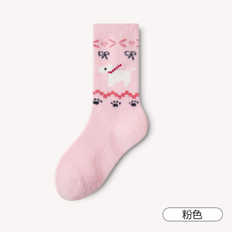 女襪|復古費爾島小狗襪子女彈力軟糯舒適澳絨襪秋冬季加厚保暖中筒襪「DJ2036」24.12-3