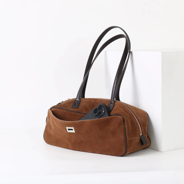 質感真皮|2025新款百搭輕奢磨砂牛皮波士頓大包單肩托特枕頭通勤保齡球包「X3989D3988」25.09-3