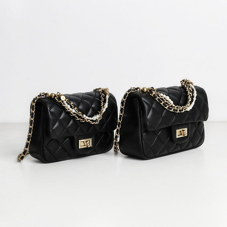 質感真皮|羊皮小方包2024年春夏新款菱格珍珠鏈條百搭高級質感單肩斜挎手機「D8062 X8061」24.04-1