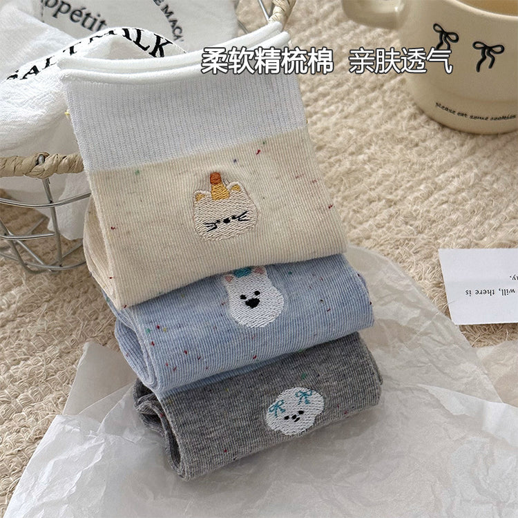 女襪|卷邊襪子女點子紗棉質吸汗透氣堆堆襪卡通動物刺繡彈力好搭中筒襪「W0121」25.03-3