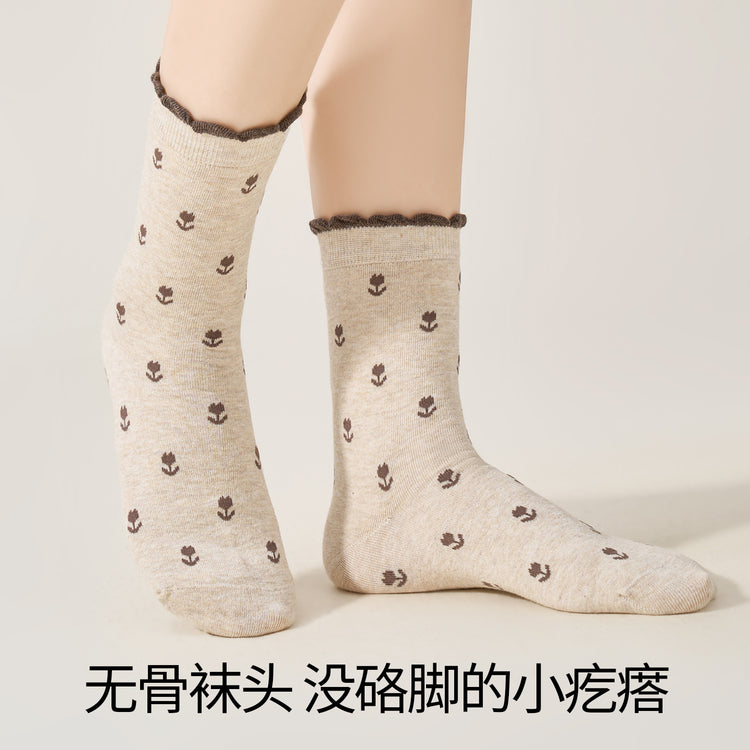 女襪|泡泡花邊襪子女復古滿身鬱金香堆堆襪棉質吸汗透氣彈力無骨中筒襪「MK4221」25.07-2