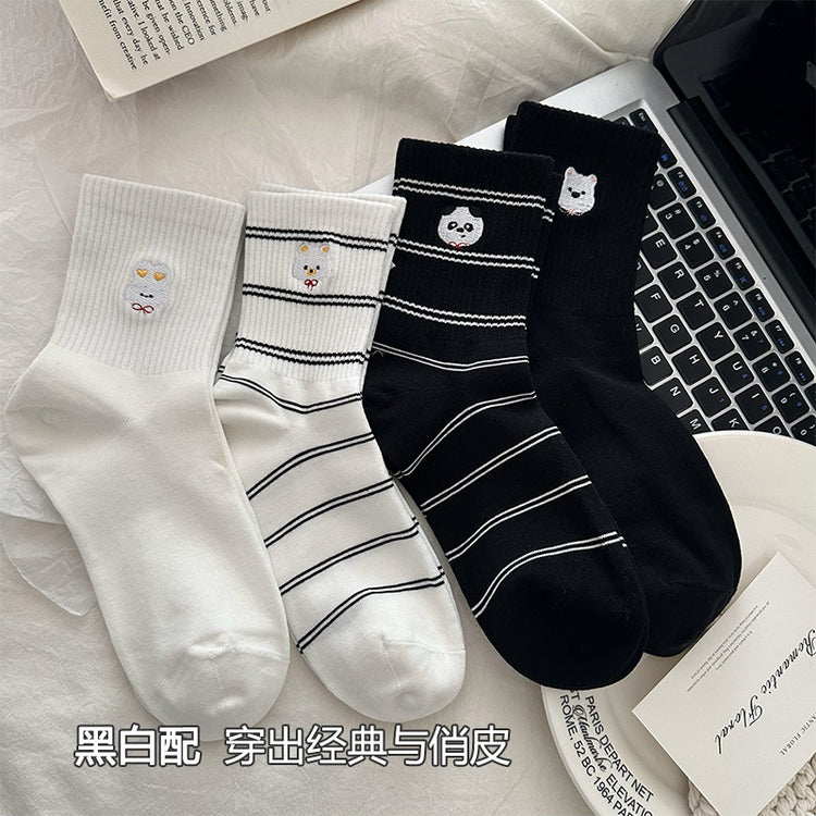 女襪|條紋襪子女萌趣卡通刺繡彈力中筒襪棉質吸汗防臭親膚舒適堆堆襪「W0124」25.03-4