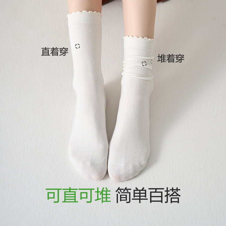 女襪|黑色堆堆襪子女彈性花邊襪口刺繡蝴蝶結中筒襪棉質親膚舒適休閒襪「TM3623」25.01-2