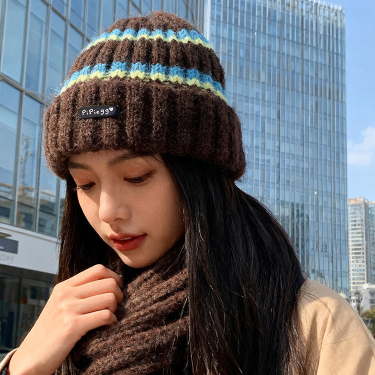流行帽子|條紋針織帽子女秋冬新款保暖毛線帽護耳大頭圍冷帽防寒包頭帽男潮「C5705」25.10-3