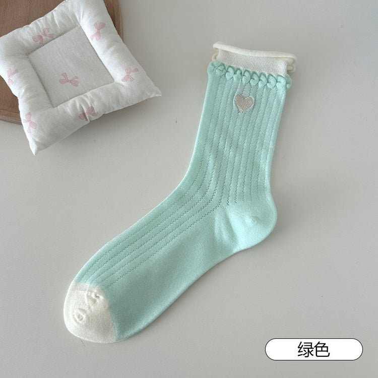 女襪|卷邊襪子女撞色雙羅口刺繡愛心中筒襪棉質吸汗透氣ins潮堆堆襪「TM7555」25.04-5