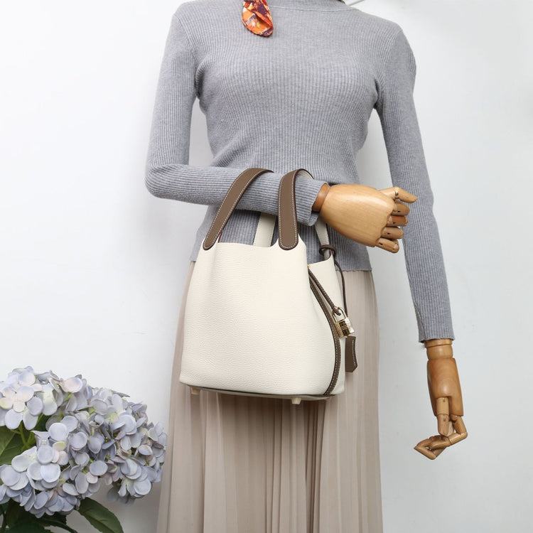 質感真皮|togo頭層牛皮拼接菜籃2024年新款時尚軟牛皮水桶包手提手拎包「226#」24.10-3