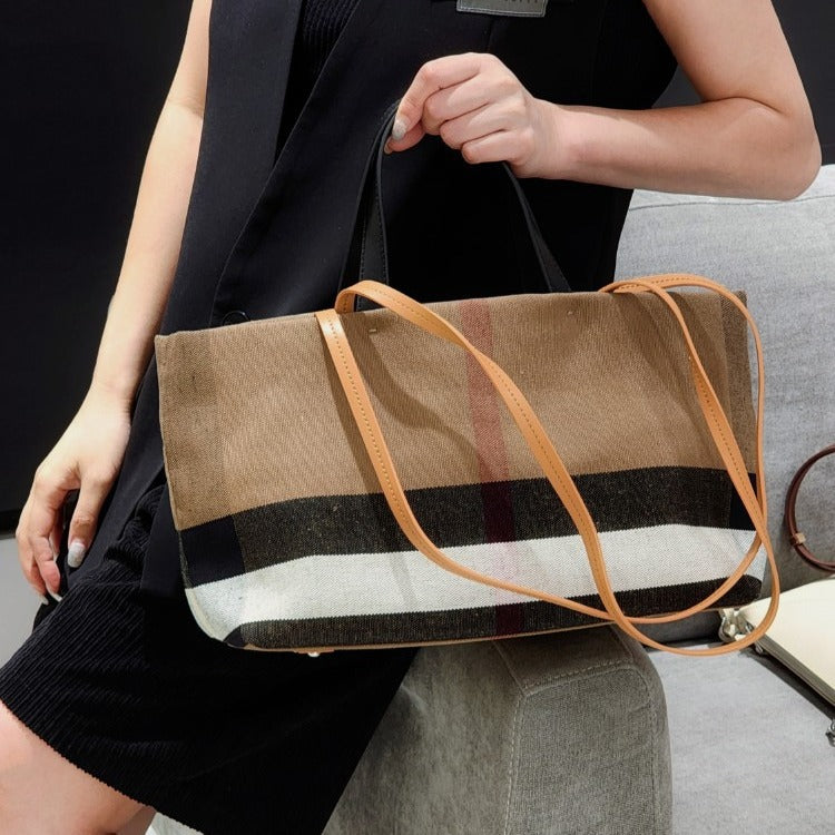 質感真皮|2024新款百搭高級感棕色條紋托特包大容量單肩女包慵懶風「3532」24.06-4