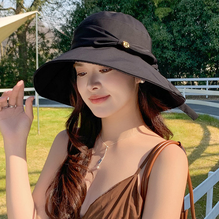 流行帽子|新款漁夫帽子女綁帶蝴蝶結顯臉小防曬遮陽帽夏季大帽檐百搭太陽帽「C5147」25.04-1
