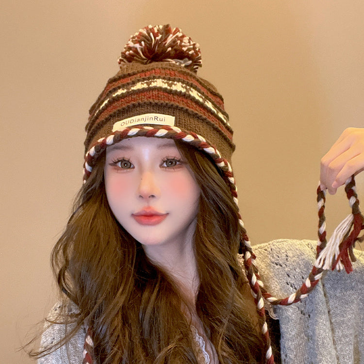 流行帽子|撞色流蘇毛球護耳帽女秋冬加絨保暖條紋百搭針織帽尼泊爾風毛線帽「C4738」24.11-1