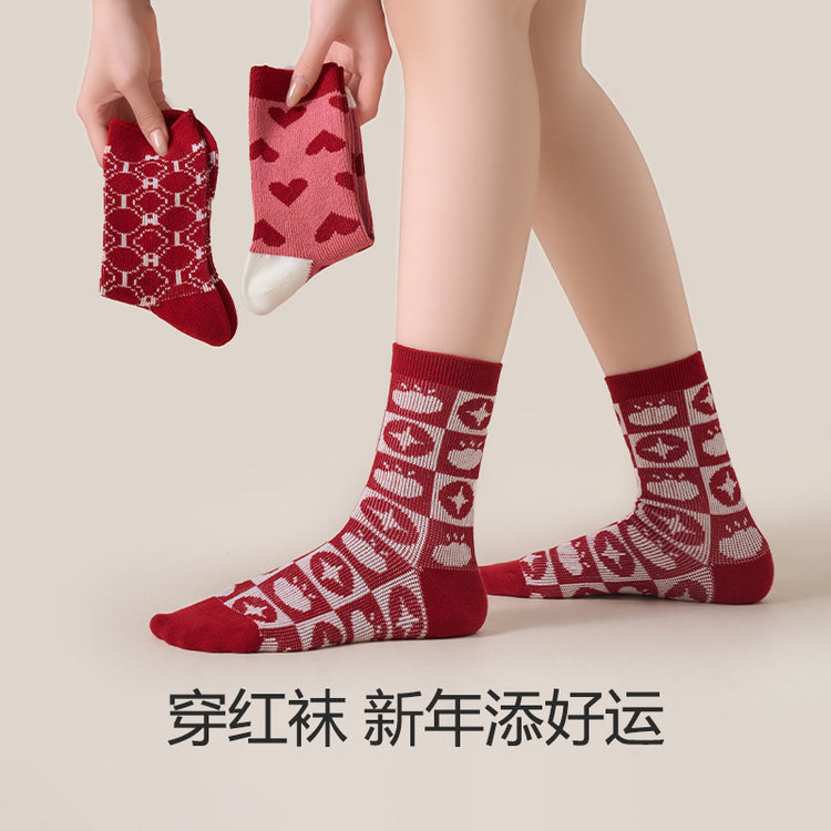 女襪|新年開春紅襪子秋冬棉質軟糯親膚新年襪加固耐磨彈力舒適中筒襪「24W0067」24.12-5