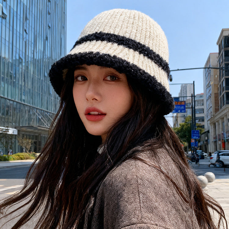 流行帽子|2025新款大頭圍帽子女保暖漁夫帽護耳百搭針織帽韓版戶外條紋盆帽「C2621A」25.10-3