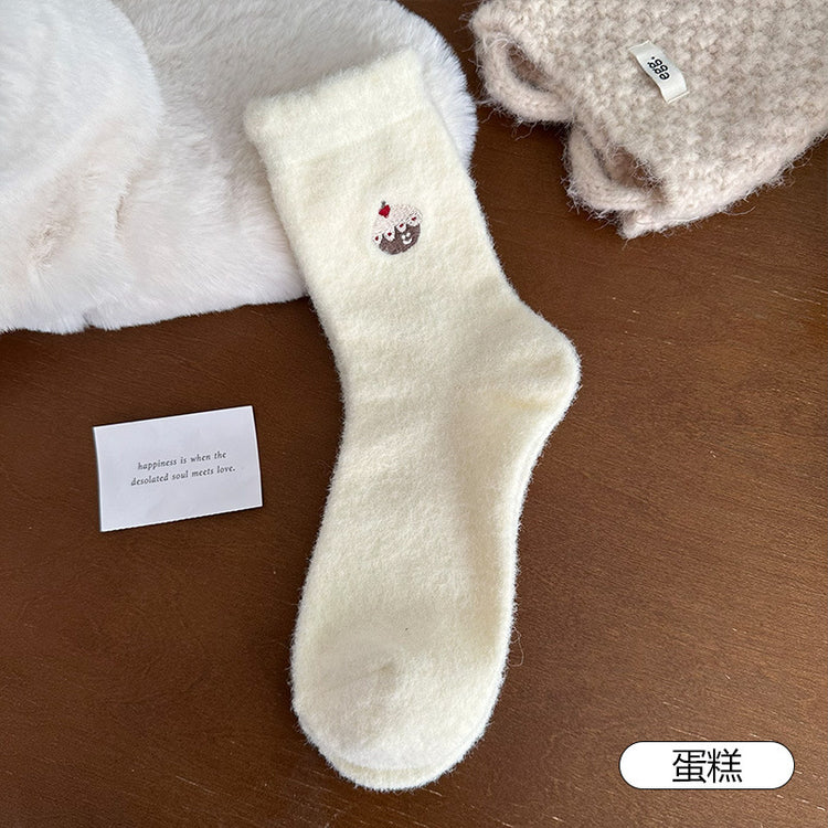 女襪|白色澳絨襪子女秋冬季加絨加厚保暖中筒襪可愛卡通刺繡諸暨襪子「H5785」25.11-3
