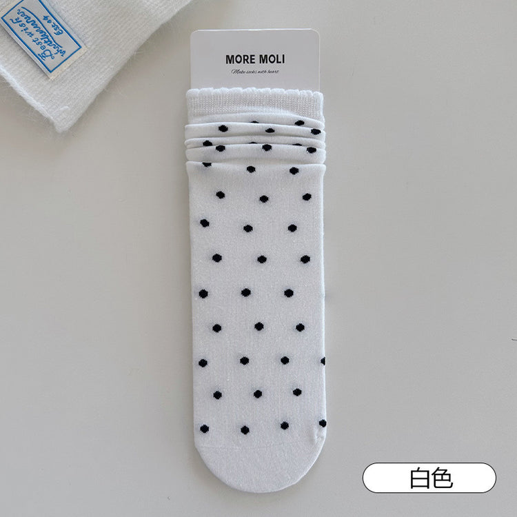 女襪|復古波點襪子女彈力花邊親膚舒適中筒襪棉質吸汗透氣堆堆襪「YJ24136」25.09-1