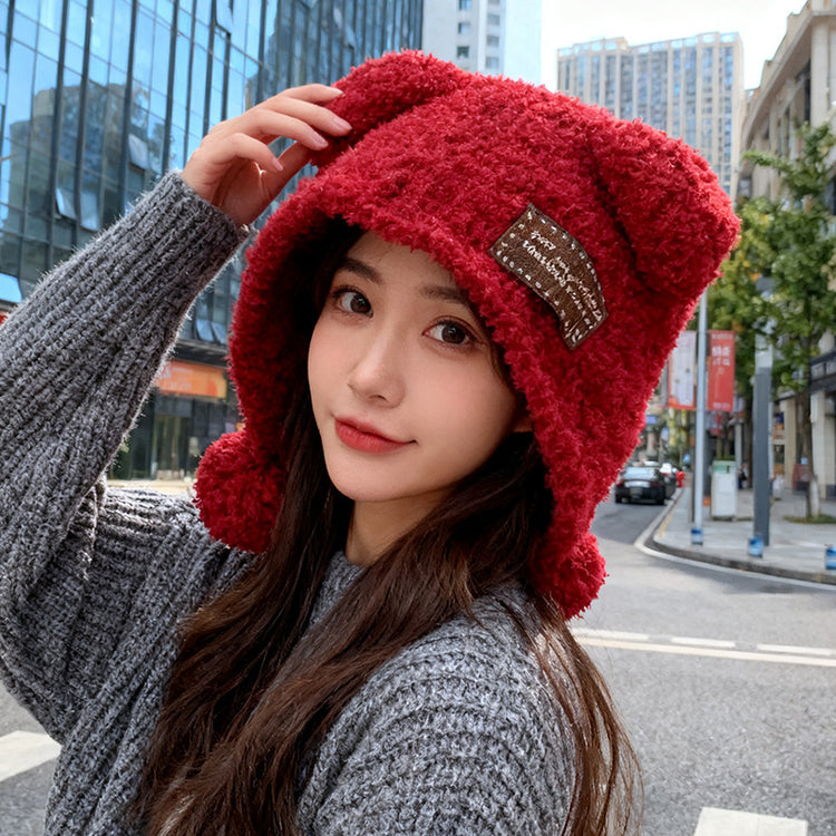 流行帽子|可愛小熊耳朵球球毛絨帽子女秋冬保暖百搭針織帽護耳防寒「C5746」25.11-1