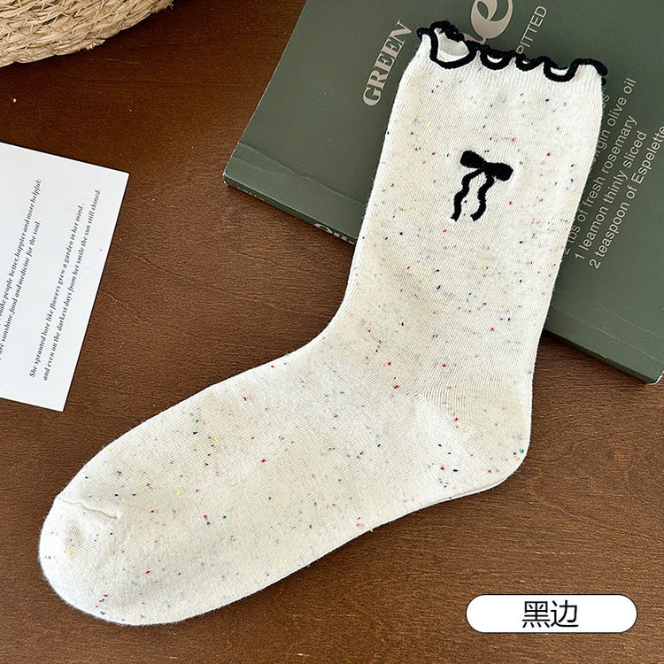 女襪|木耳花邊襪子女刺繡蝴蝶結點子紗中筒襪棉質吸汗透氣堆堆襪「HC5203」25.07-5