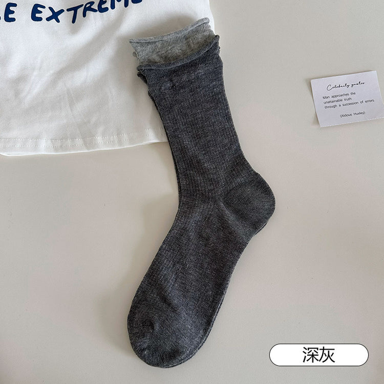 女襪|拼色雙羅口襪子女棉質親膚吸汗透氣中筒襪彈力無骨潮流簡約堆堆襪「MK5084」25.06-1