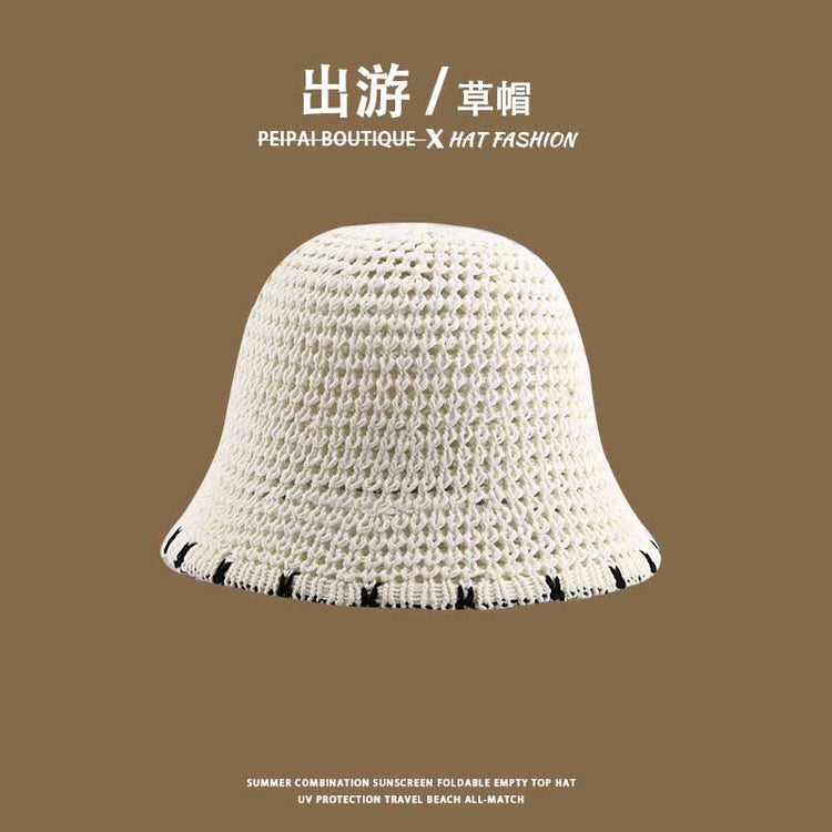 流行帽子|草帽編織女可折疊沙灘帽夏季鏤空透氣水桶帽甜美海邊遮陽帽子批發「C3748」24.03-4