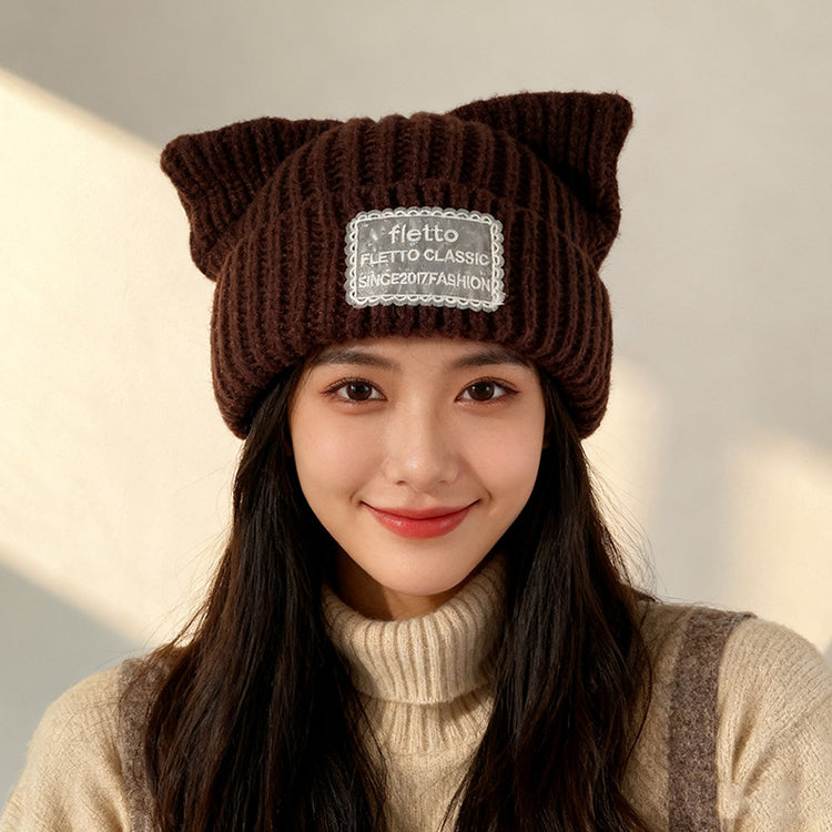 流行帽子|新款蕾絲貼布貓耳針織帽子女秋冬保暖毛線帽時尚百搭顯臉小包頭帽「C5801」25.11-2