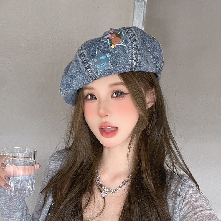 流行帽子|復古牛仔貝雷帽女春秋卡通小熊畫家帽小眾簡約時尚顯臉小蓓蕾帽子「C4165」24.07-5
