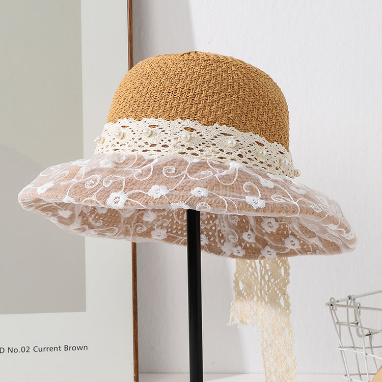 流行帽子|夏季新款帽子女蕾絲蝴蝶結漁夫帽韓版顯臉小海邊沙灘草帽防紫外線「C5237」25.04-5