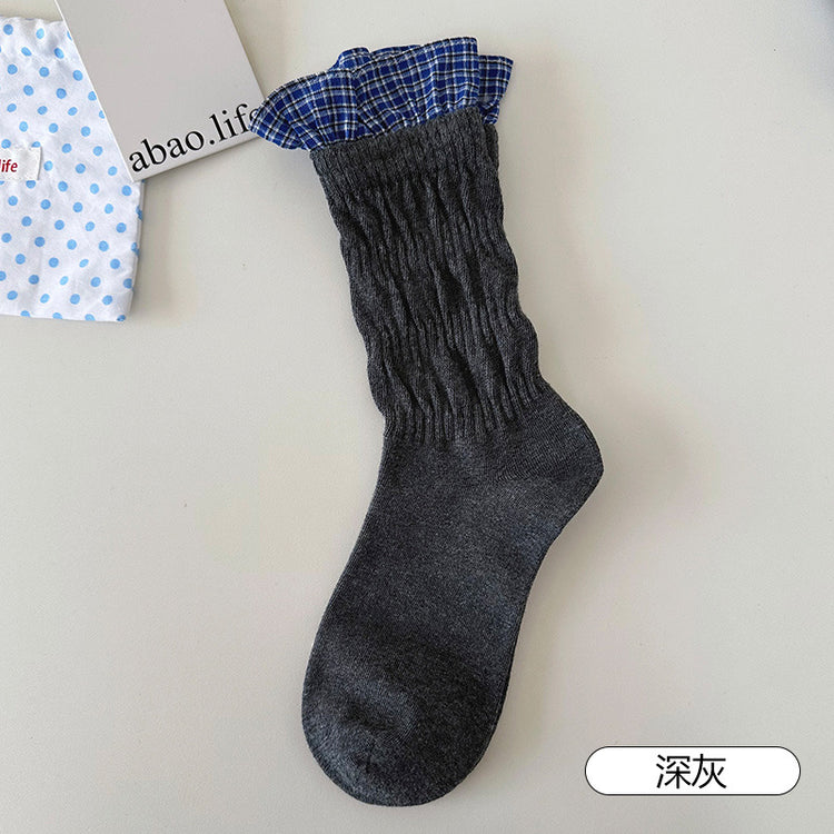 女襪|拼接格子襪子女ins潮親膚舒適好搭堆堆襪棉質吸汗透氣彈力中筒襪「PS135」25.07-5