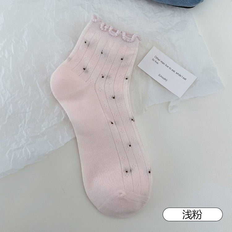 女襪|白色花邊襪子女網眼透氣彈力無骨短襪波點襪身ins潮流襪子「YM2546」25.07-1